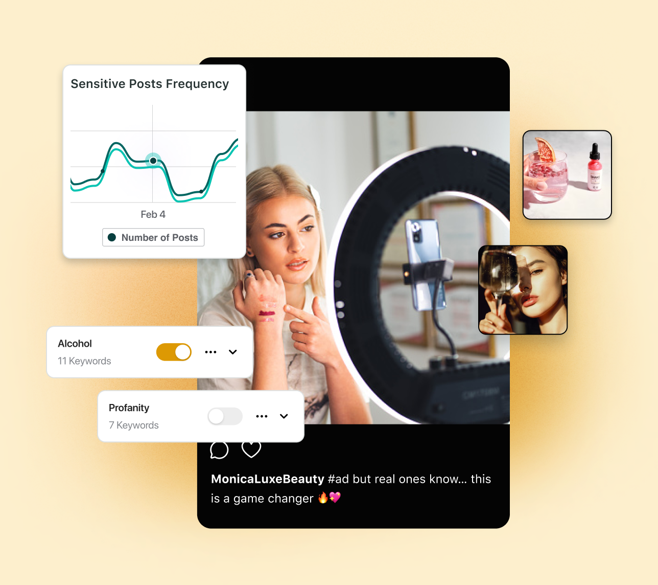 Um exemplo da interface de usuário do produto Marketing de Influenciadores do Sprout Social mostrando o post de um influenciador com o número de seguidores, taxa de interação e taxa estimada. A plataforma permite filtrar por segurança da marca.