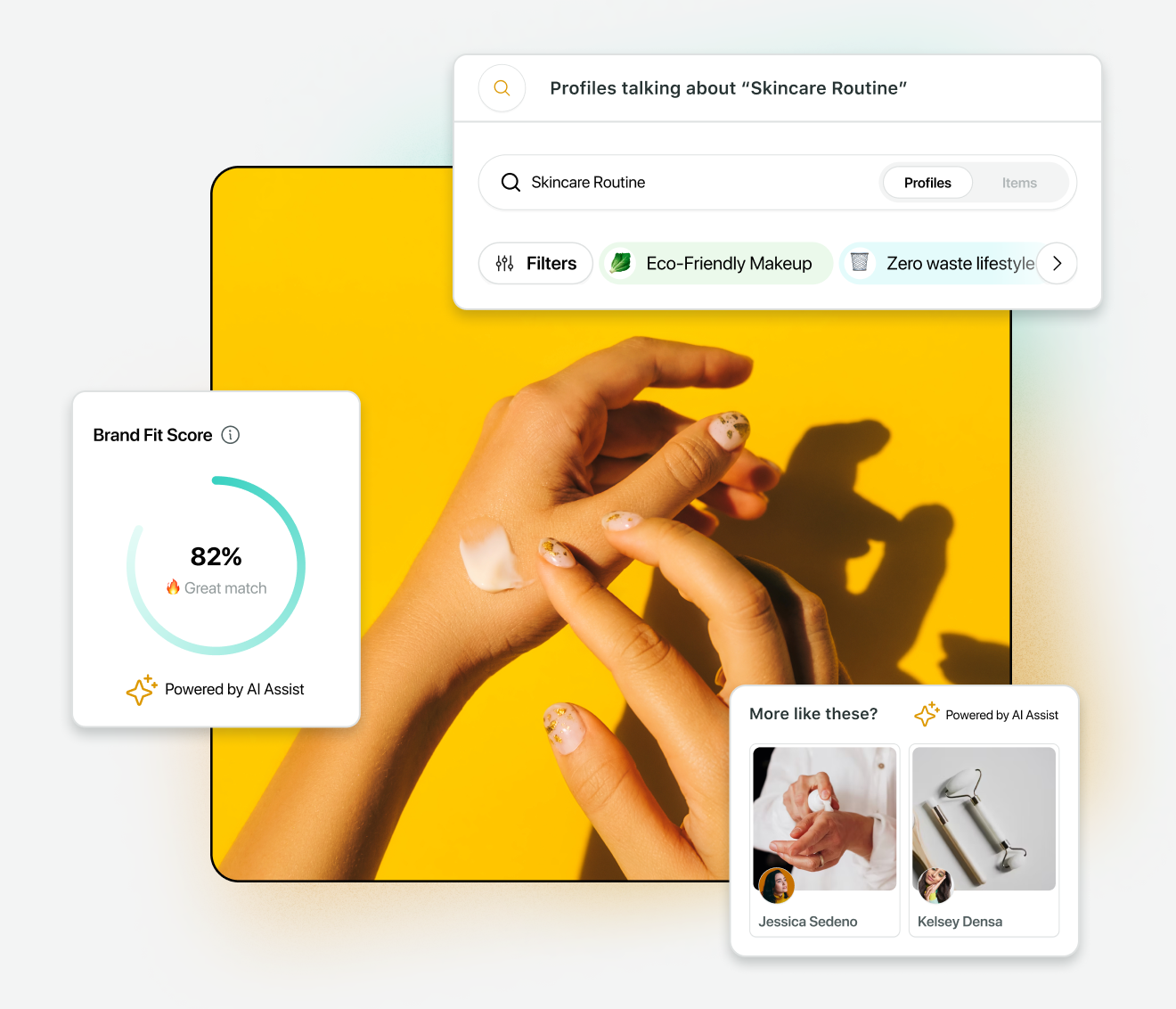 Uma colagem de dados para um post de influenciador exibindo a taxa de interação por categoria de influenciador, o desempenho geral do Instagram com interações e impressões e uma tabela de classificação de volume com citações e contagens de posts.