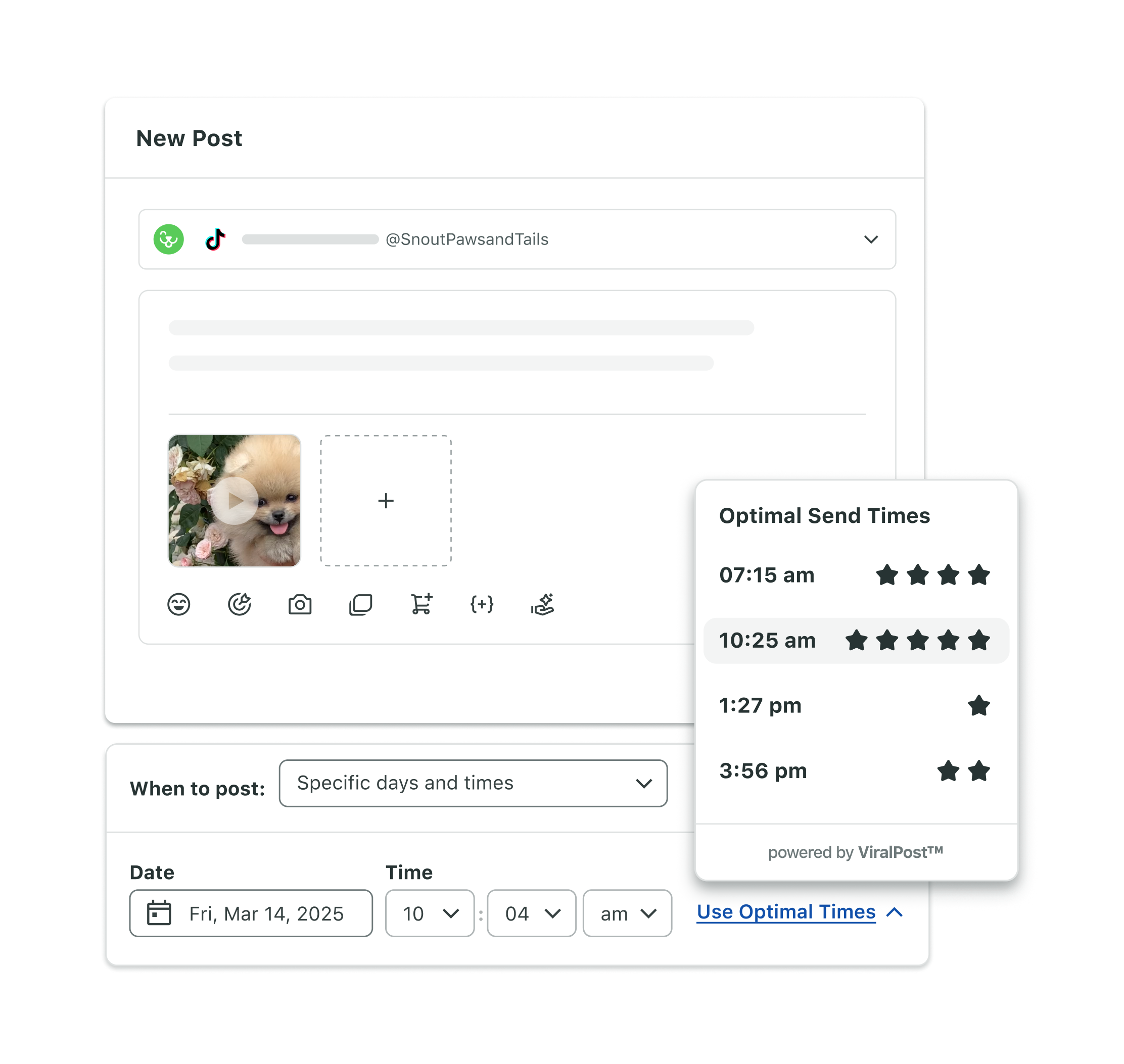 Graphic showing Sprout Social's Optimal Send Times feature for scheduling a TikTok video at the best recommended time for your brand.