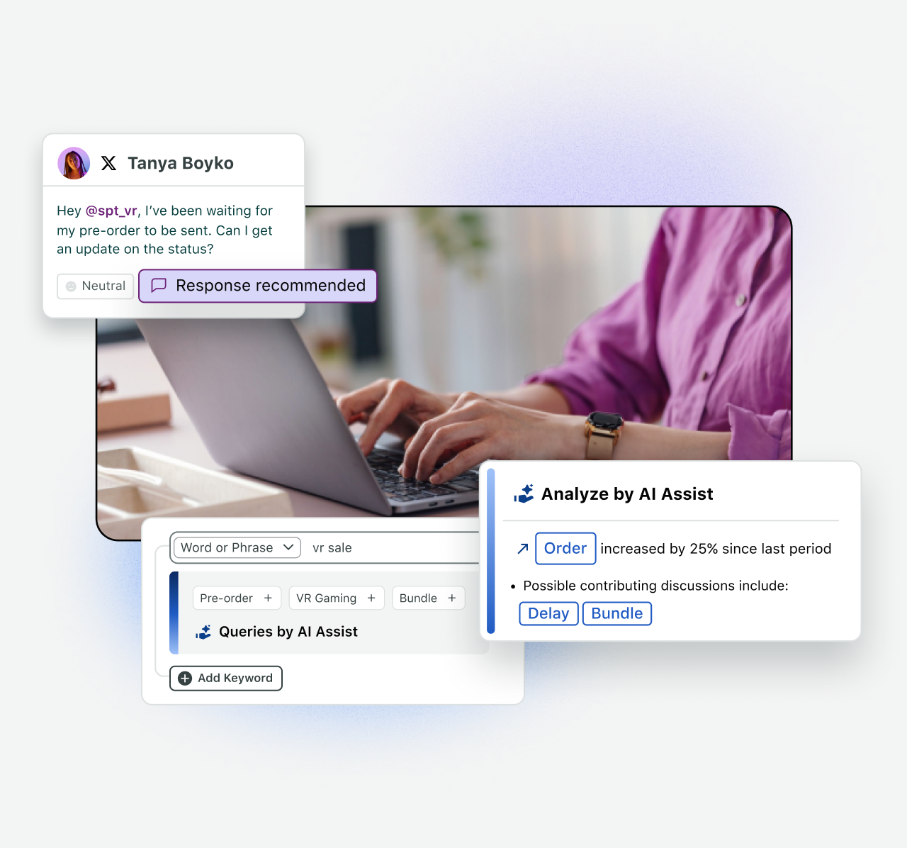 Interface utilisateur montrant un employé qui utilise l'IA et les outils d'automatisation de Sprout Social pour déterminer si les messages des clients nécessitent une réponse ; ces outils simplifient également les flux de travail afin de résoudre les problèmes des clients.